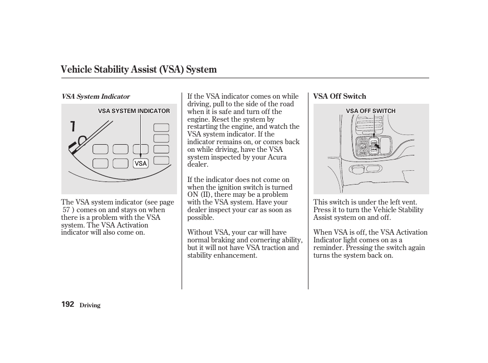 Vehicle stability assist (vsa) system | Acura 2001 CL - Owner's Manual User Manual | Page 195 / 330