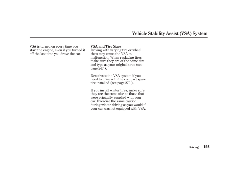 Vehicle stability assist (vsa) system | Acura 2001 CL - Owner's Manual User Manual | Page 196 / 330