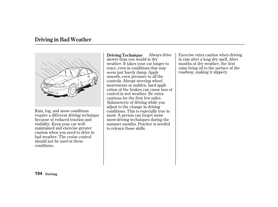 Driving in bad weather | Acura 2001 CL - Owner's Manual User Manual | Page 197 / 330