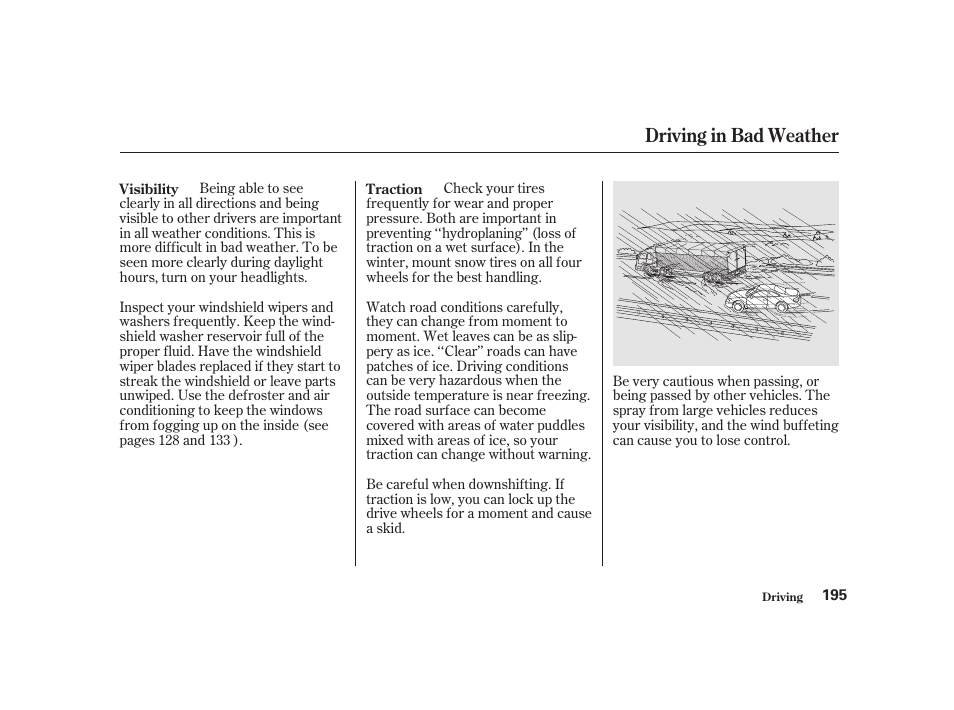 Driving in bad weather | Acura 2001 CL - Owner's Manual User Manual | Page 198 / 330