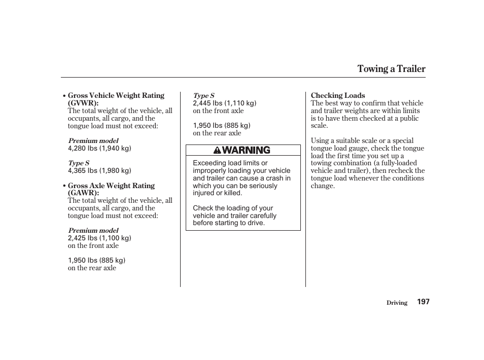 Towing a trailer | Acura 2001 CL - Owner's Manual User Manual | Page 200 / 330