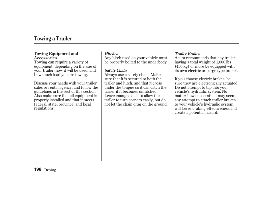 Towing a trailer | Acura 2001 CL - Owner's Manual User Manual | Page 201 / 330