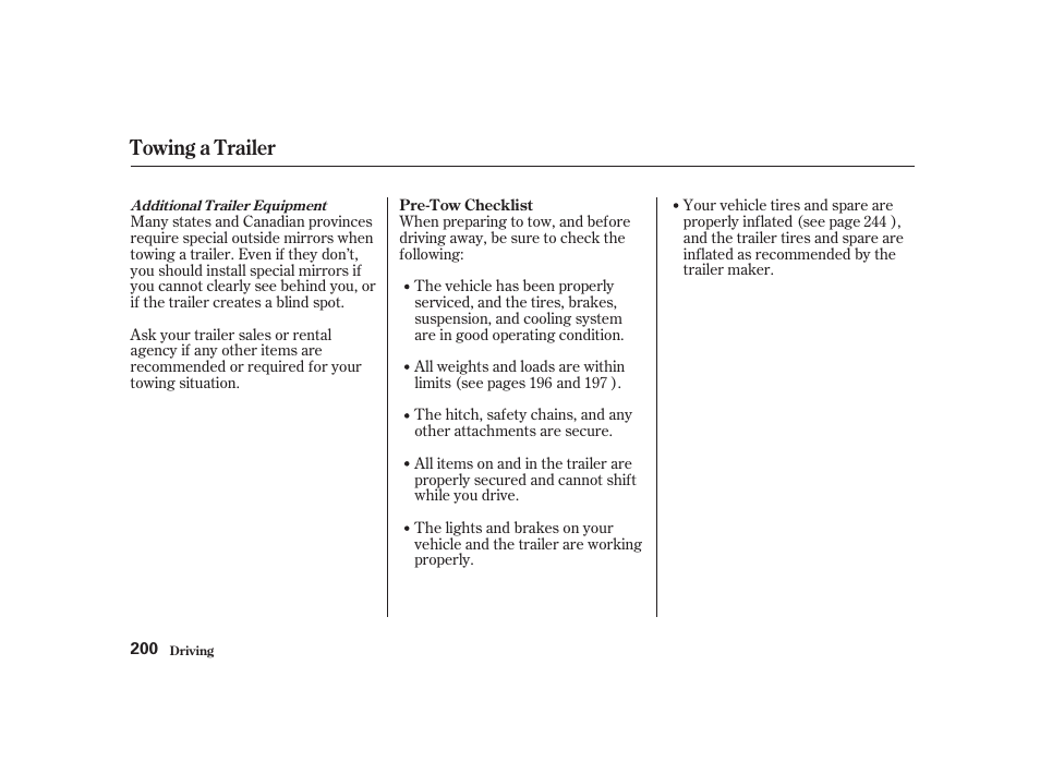 Towing a trailer | Acura 2001 CL - Owner's Manual User Manual | Page 203 / 330