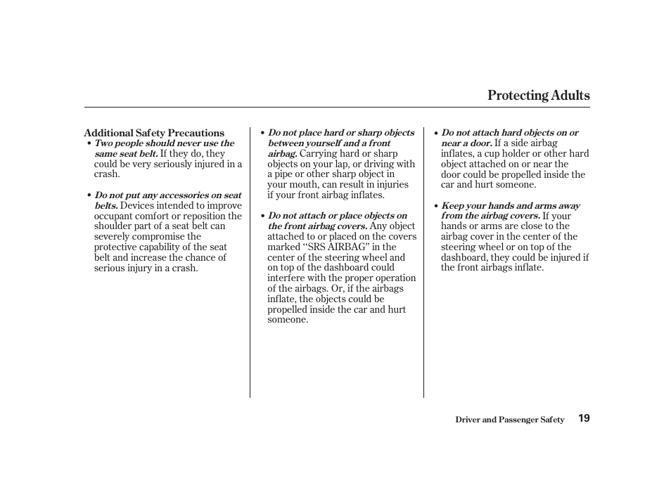 Protecting adults | Acura 2001 CL - Owner's Manual User Manual | Page 22 / 330