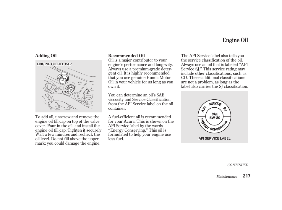 Engine oil | Acura 2001 CL - Owner's Manual User Manual | Page 220 / 330