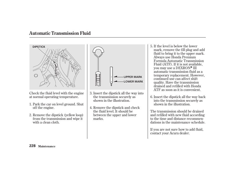 Automatic transmission fluid | Acura 2001 CL - Owner's Manual User Manual | Page 231 / 330