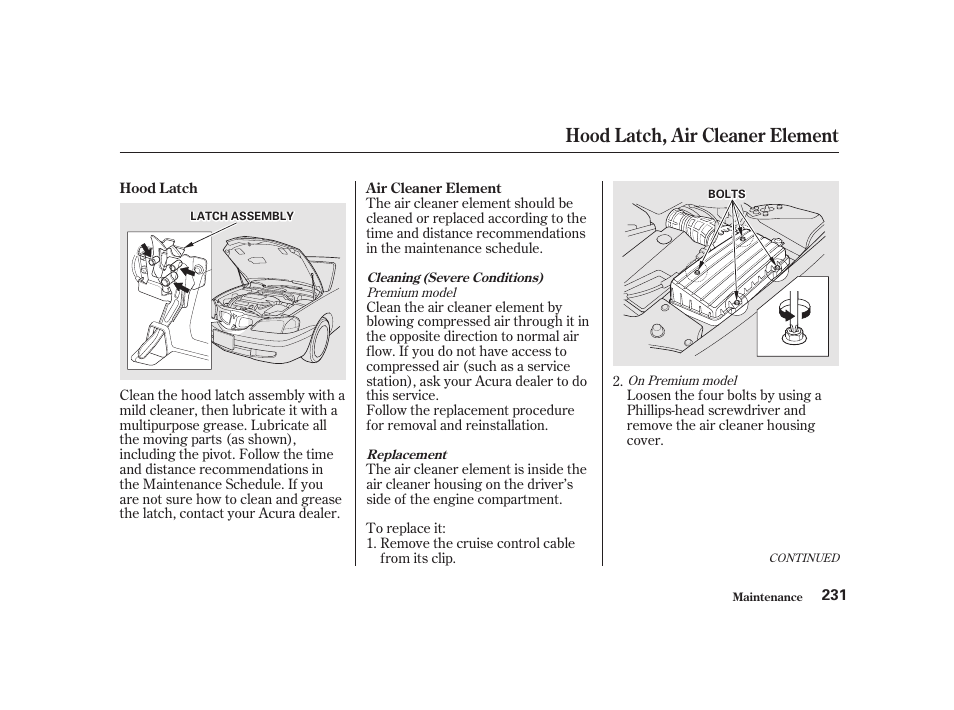 Hood latch, air cleaner element | Acura 2001 CL - Owner's Manual User Manual | Page 234 / 330