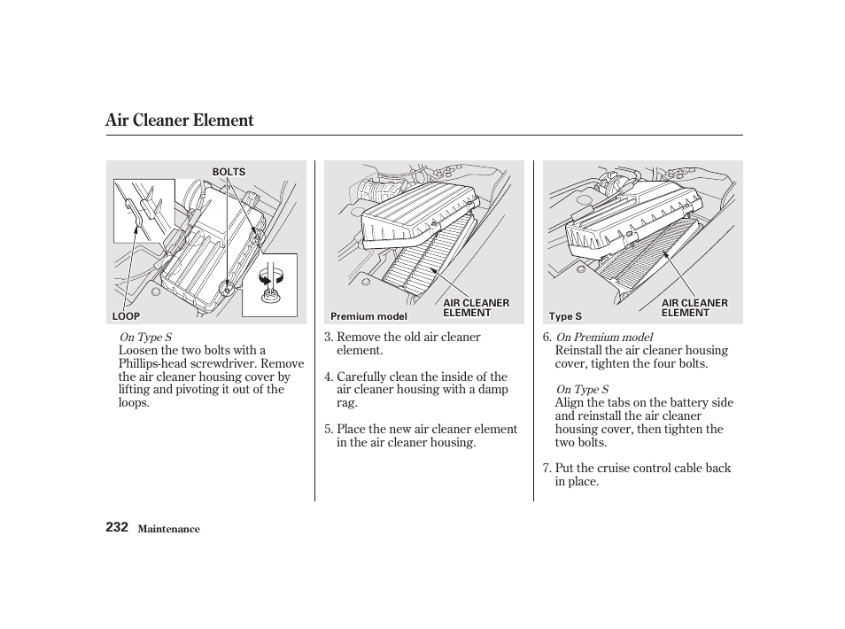 Air cleaner element | Acura 2001 CL - Owner's Manual User Manual | Page 235 / 330