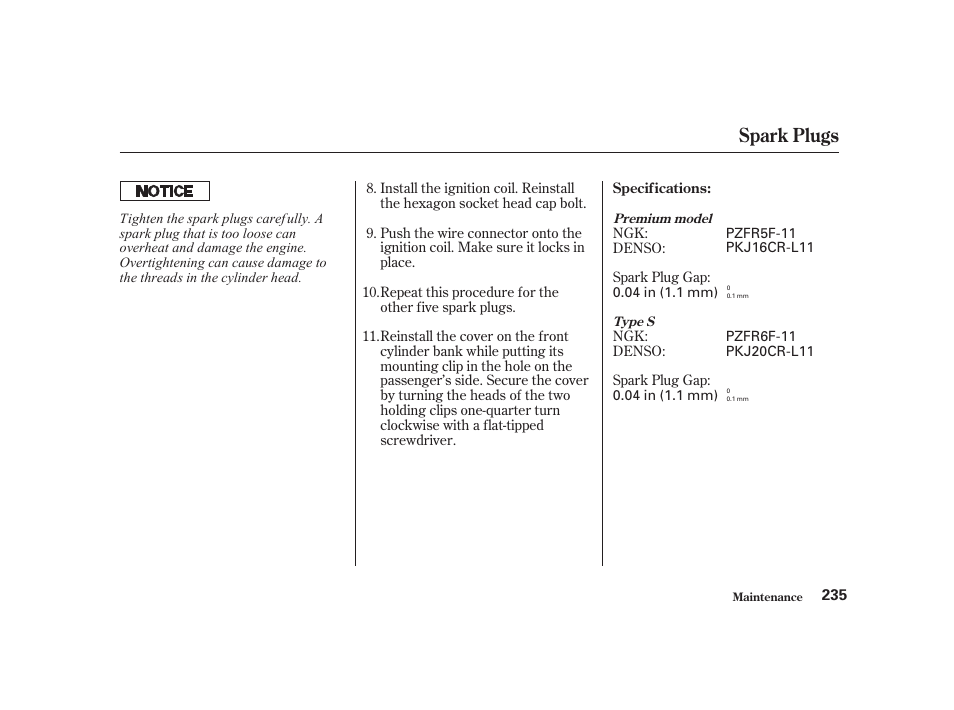 Spark plugs | Acura 2001 CL - Owner's Manual User Manual | Page 238 / 330