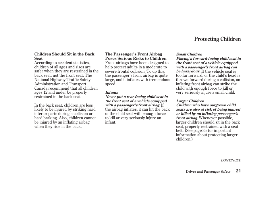 Protecting children | Acura 2001 CL - Owner's Manual User Manual | Page 24 / 330