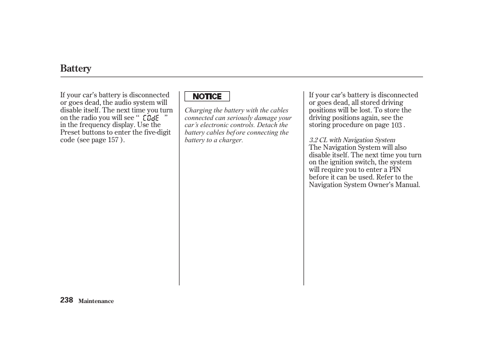 Battery | Acura 2001 CL - Owner's Manual User Manual | Page 241 / 330