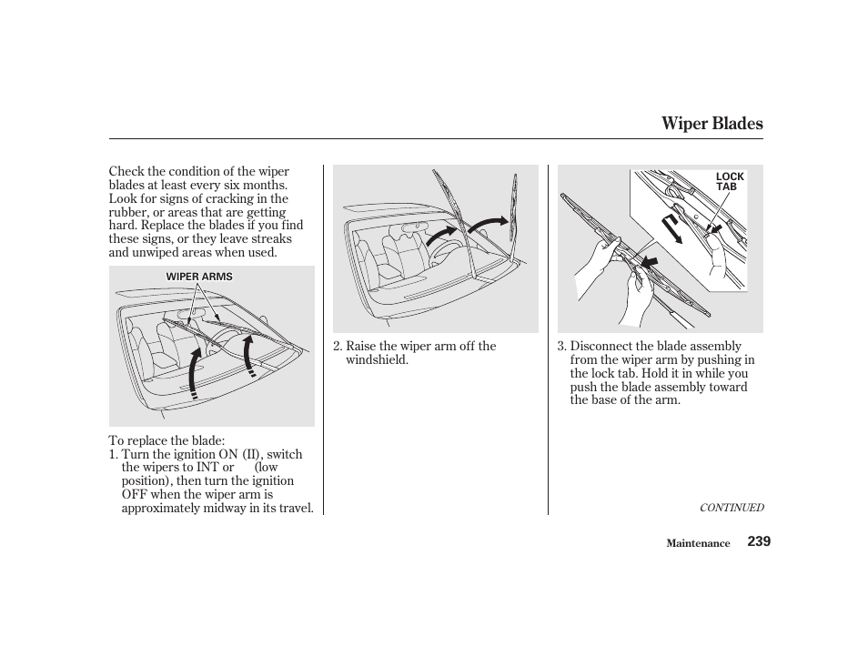 Wiper blades | Acura 2001 CL - Owner's Manual User Manual | Page 242 / 330