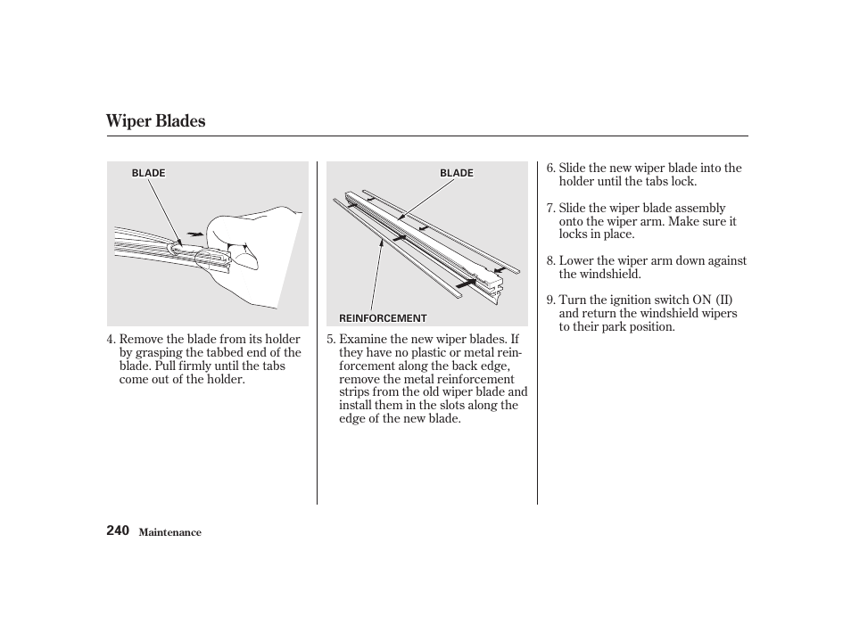 Wiper blades | Acura 2001 CL - Owner's Manual User Manual | Page 243 / 330