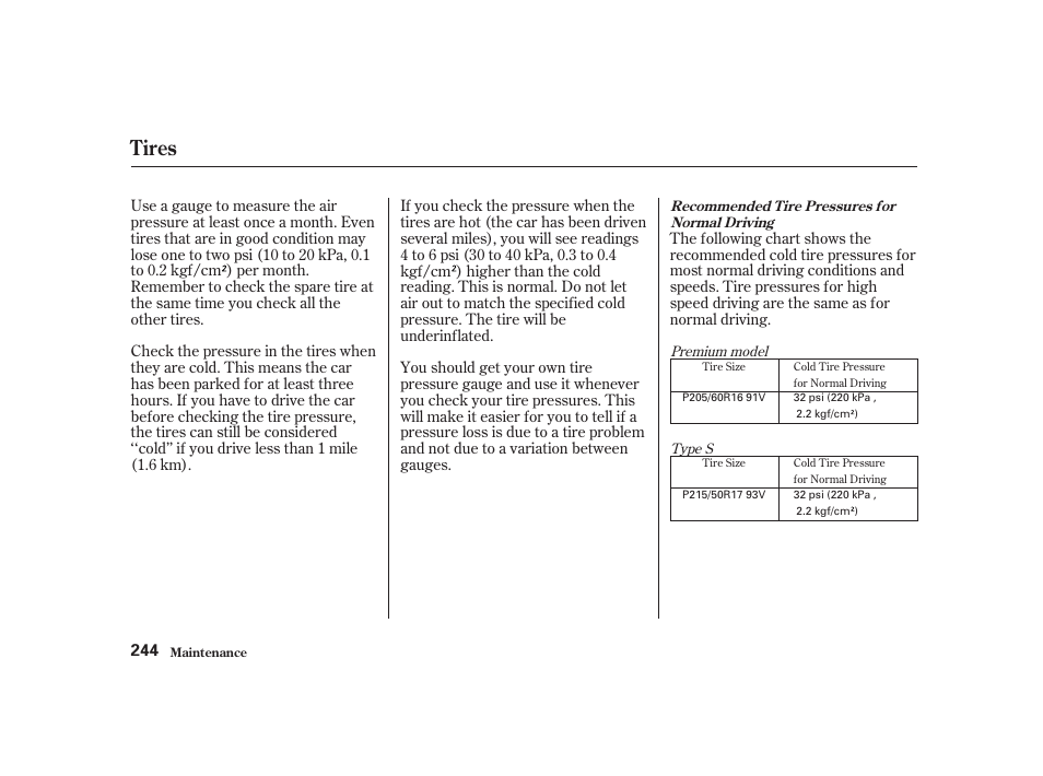 Tires | Acura 2001 CL - Owner's Manual User Manual | Page 247 / 330