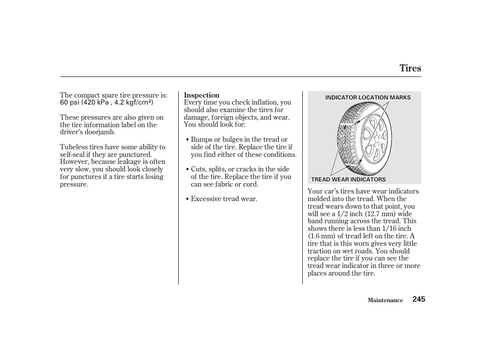 Tires | Acura 2001 CL - Owner's Manual User Manual | Page 248 / 330