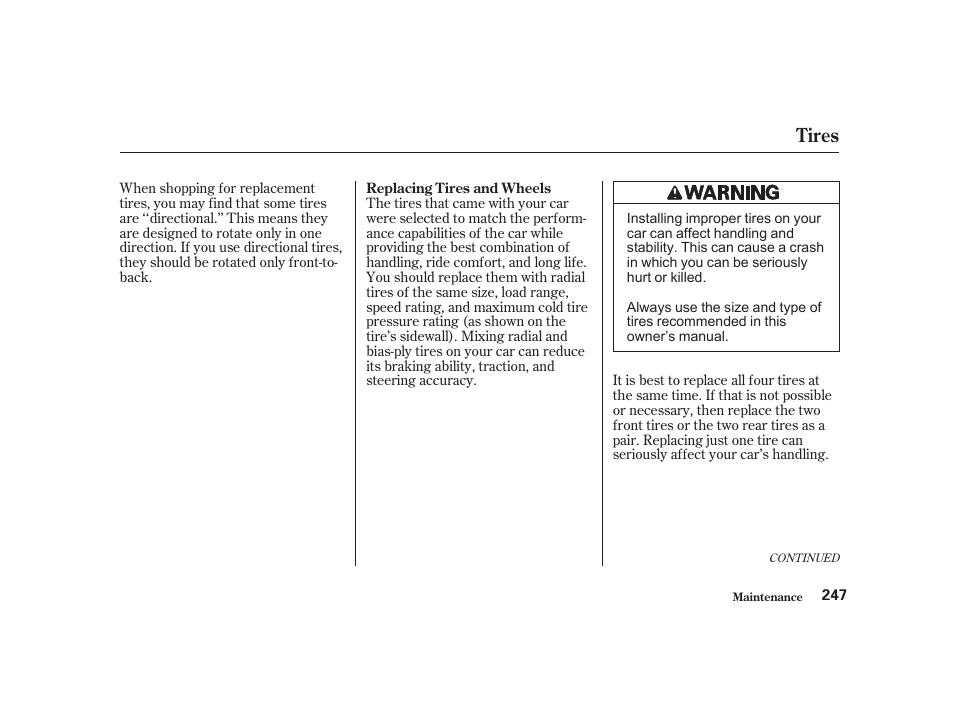 Tires | Acura 2001 CL - Owner's Manual User Manual | Page 250 / 330