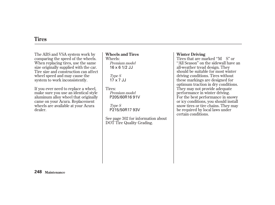 Tires | Acura 2001 CL - Owner's Manual User Manual | Page 251 / 330