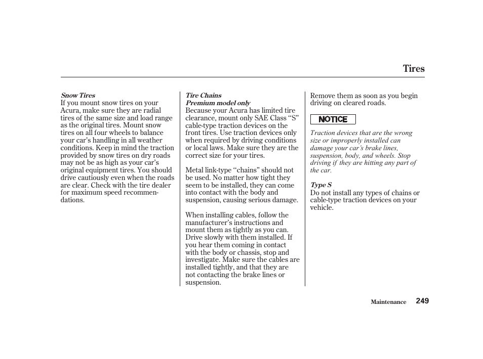 Tires | Acura 2001 CL - Owner's Manual User Manual | Page 252 / 330