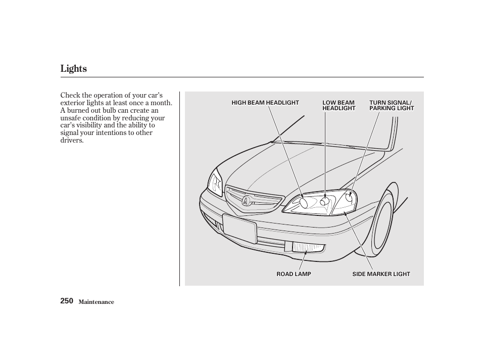 Lights | Acura 2001 CL - Owner's Manual User Manual | Page 253 / 330