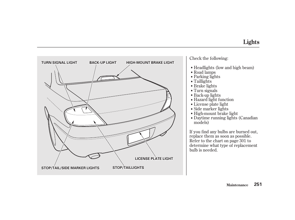 Lights | Acura 2001 CL - Owner's Manual User Manual | Page 254 / 330