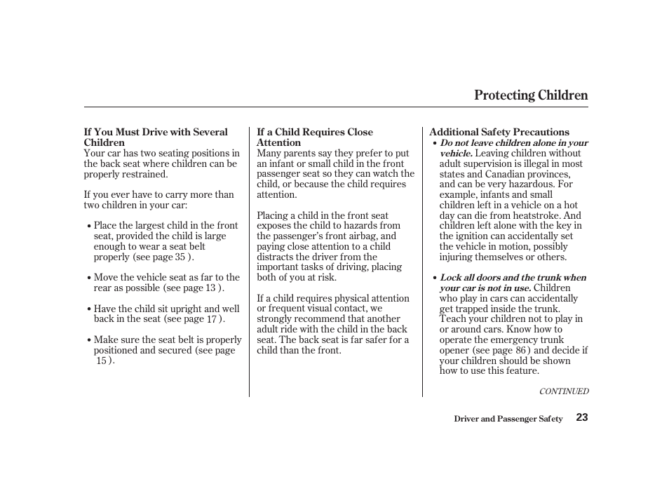 Protecting children | Acura 2001 CL - Owner's Manual User Manual | Page 26 / 330