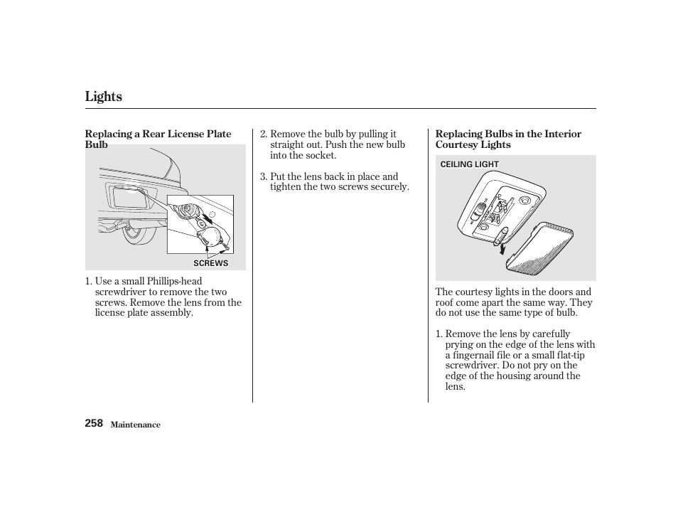Lights | Acura 2001 CL - Owner's Manual User Manual | Page 261 / 330