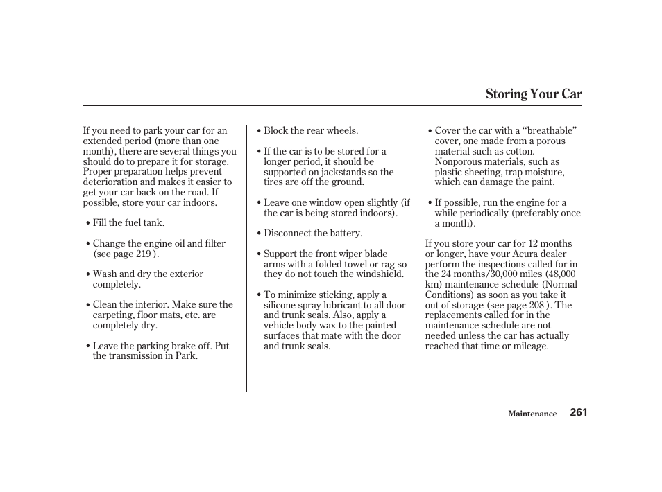 Storing your car | Acura 2001 CL - Owner's Manual User Manual | Page 264 / 330
