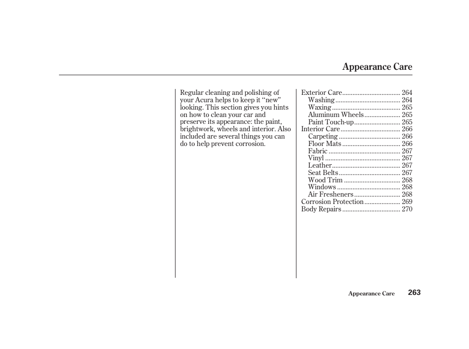 Appearance care | Acura 2001 CL - Owner's Manual User Manual | Page 266 / 330