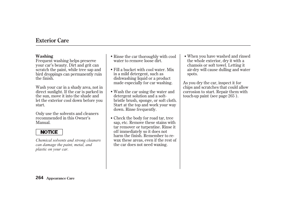 Exterior care | Acura 2001 CL - Owner's Manual User Manual | Page 267 / 330