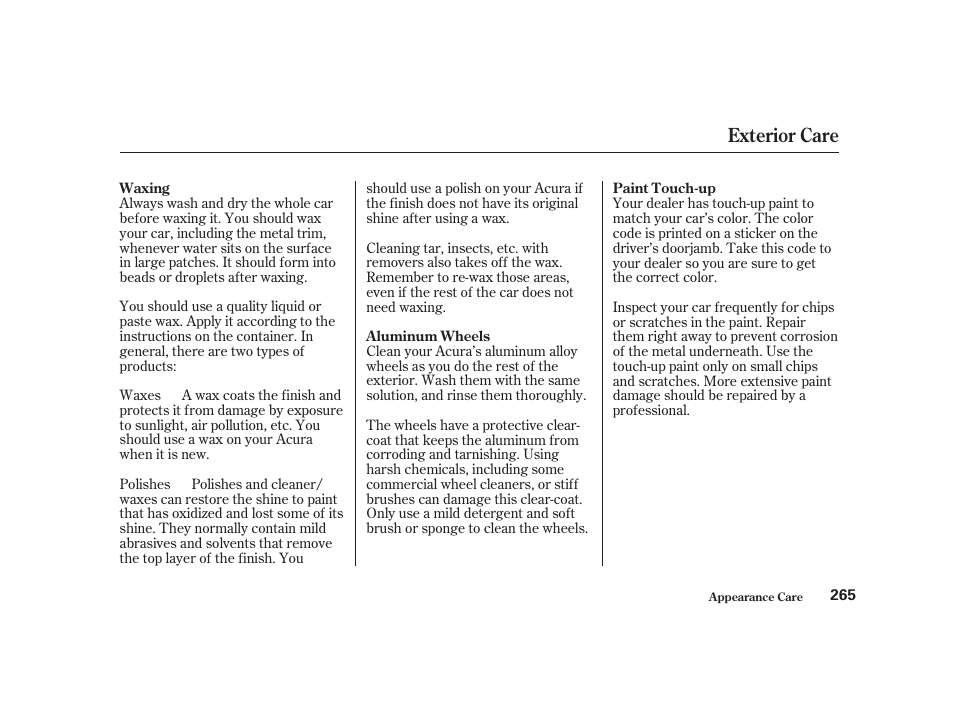 Exterior care | Acura 2001 CL - Owner's Manual User Manual | Page 268 / 330