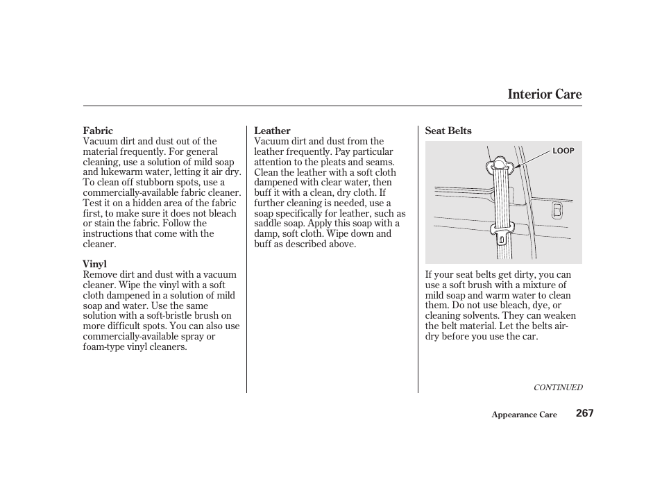 Interior care | Acura 2001 CL - Owner's Manual User Manual | Page 270 / 330