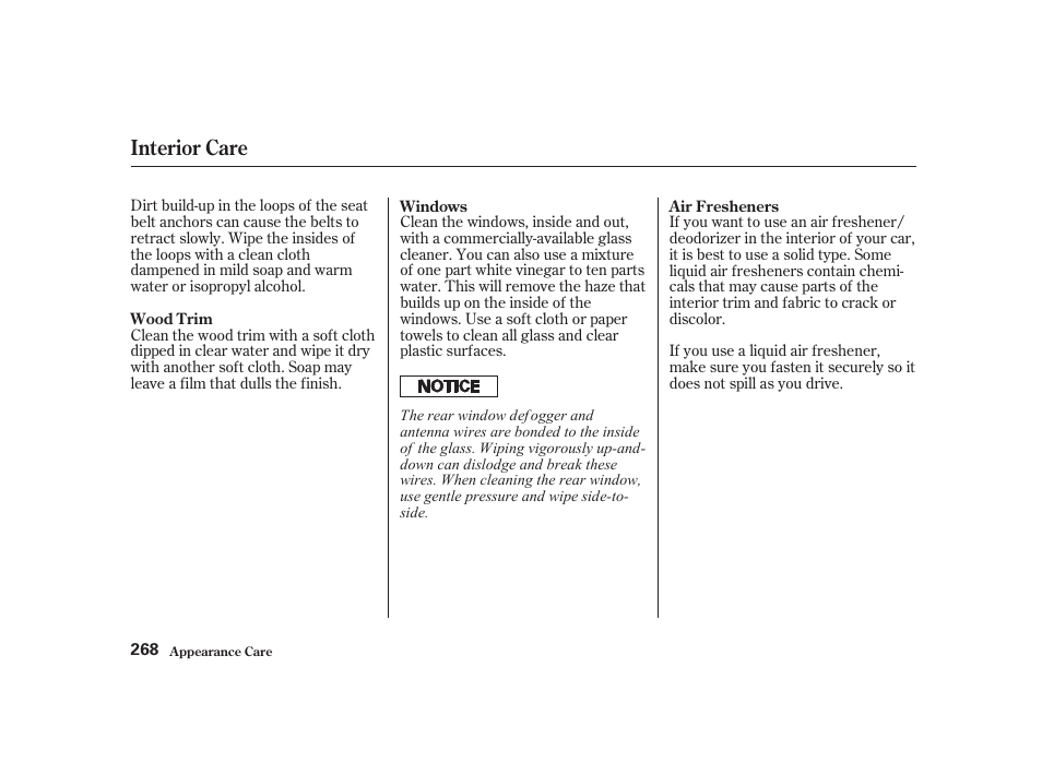 Interior care | Acura 2001 CL - Owner's Manual User Manual | Page 271 / 330