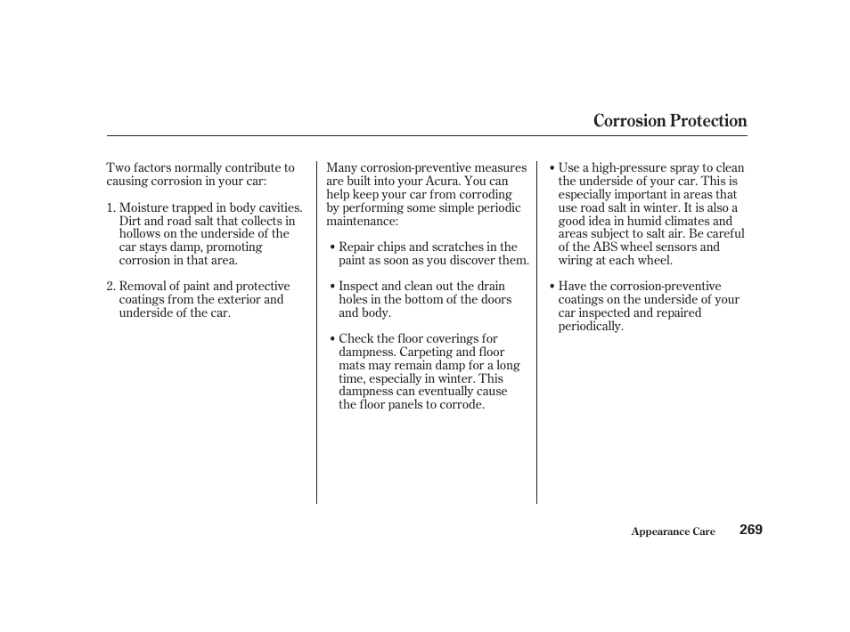 Corrosion protection | Acura 2001 CL - Owner's Manual User Manual | Page 272 / 330