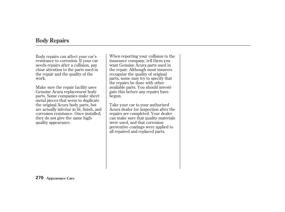 Body repairs | Acura 2001 CL - Owner's Manual User Manual | Page 273 / 330