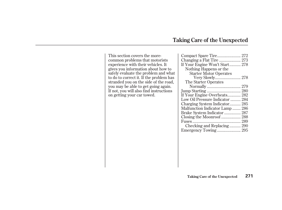 Taking care of the unexpected | Acura 2001 CL - Owner's Manual User Manual | Page 274 / 330