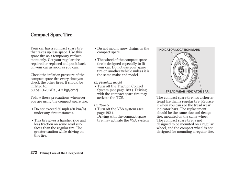Compact spare tire | Acura 2001 CL - Owner's Manual User Manual | Page 275 / 330