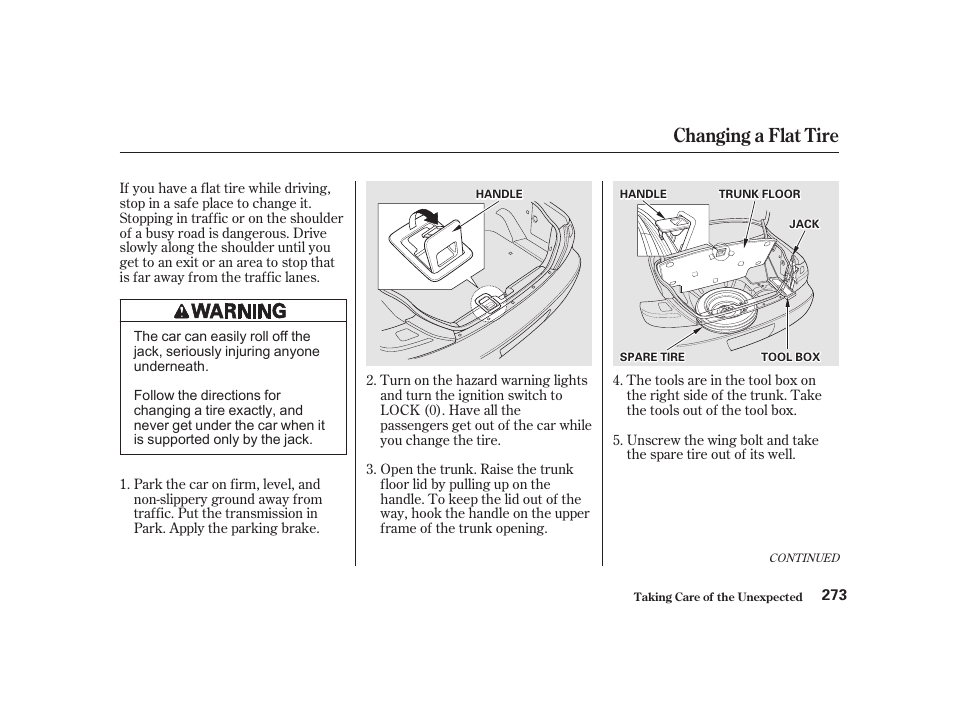 Changing a flat tire | Acura 2001 CL - Owner's Manual User Manual | Page 276 / 330