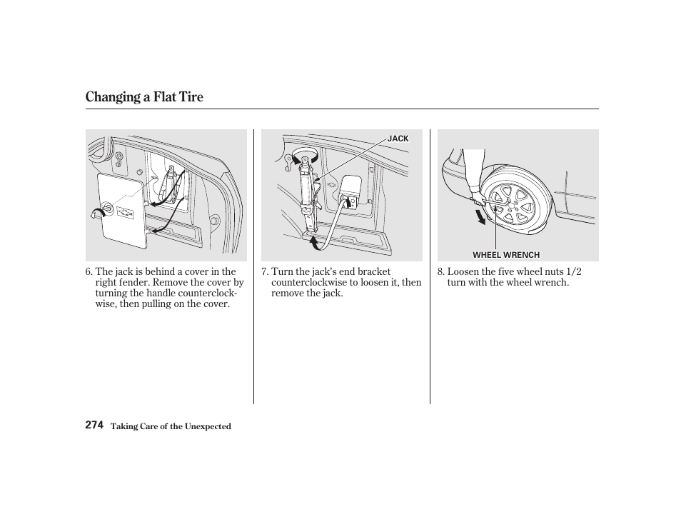 Changing a flat tire | Acura 2001 CL - Owner's Manual User Manual | Page 277 / 330