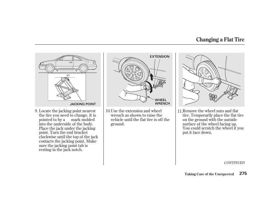 Changing a flat tire | Acura 2001 CL - Owner's Manual User Manual | Page 278 / 330