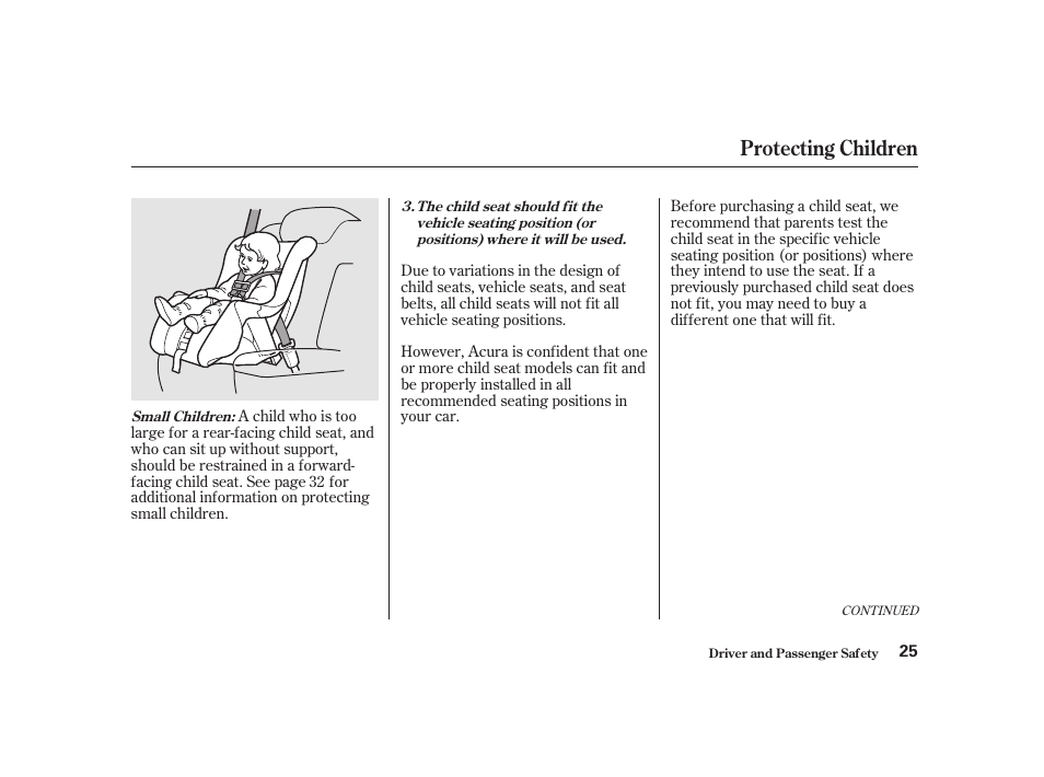Protecting children | Acura 2001 CL - Owner's Manual User Manual | Page 28 / 330