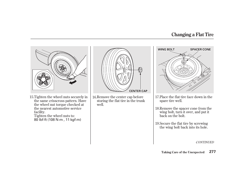 Changing a flat tire | Acura 2001 CL - Owner's Manual User Manual | Page 280 / 330
