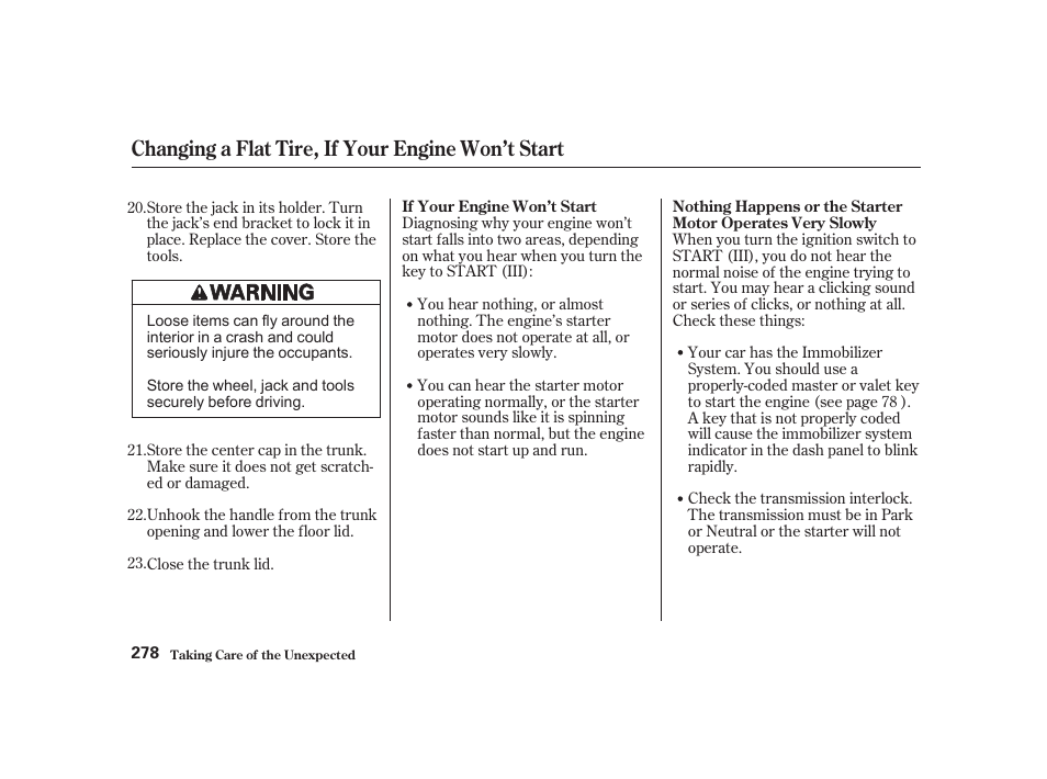 Changing a flat tire, if your engine won’t start | Acura 2001 CL - Owner's Manual User Manual | Page 281 / 330