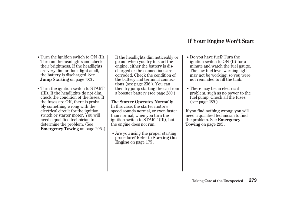 If your engine won’t start | Acura 2001 CL - Owner's Manual User Manual | Page 282 / 330