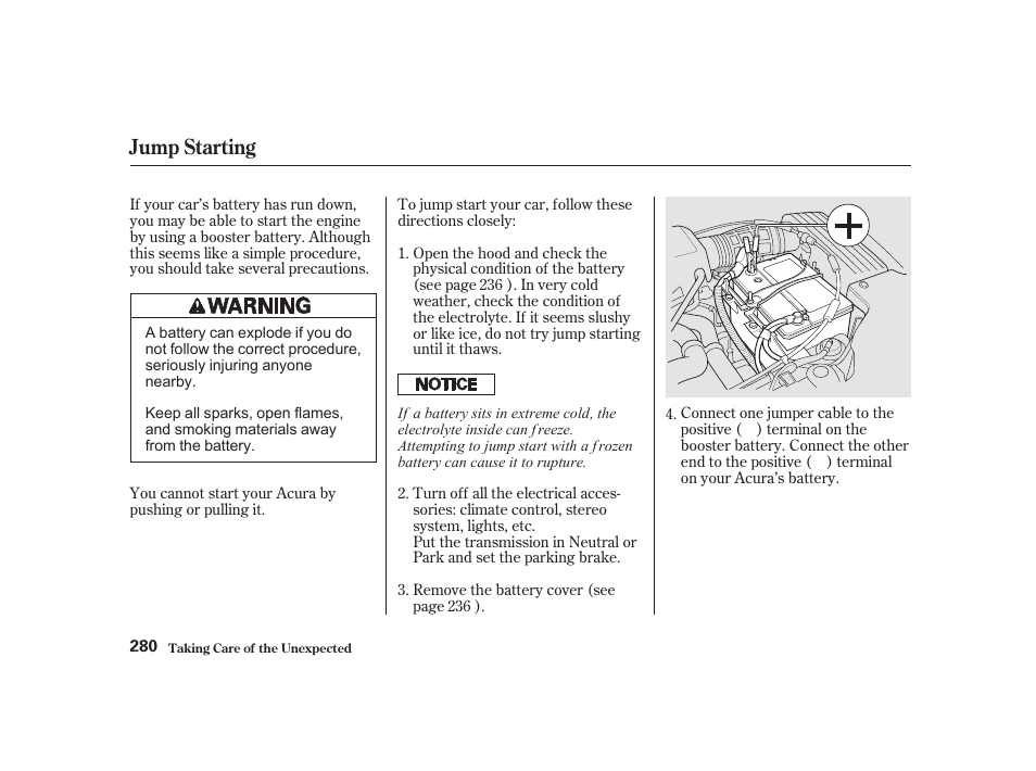 Jump starting | Acura 2001 CL - Owner's Manual User Manual | Page 283 / 330