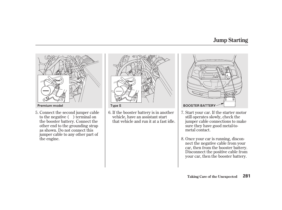Jump starting | Acura 2001 CL - Owner's Manual User Manual | Page 284 / 330