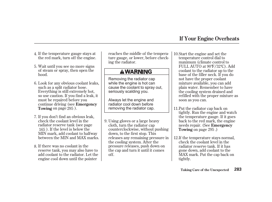 If your engine overheats | Acura 2001 CL - Owner's Manual User Manual | Page 286 / 330