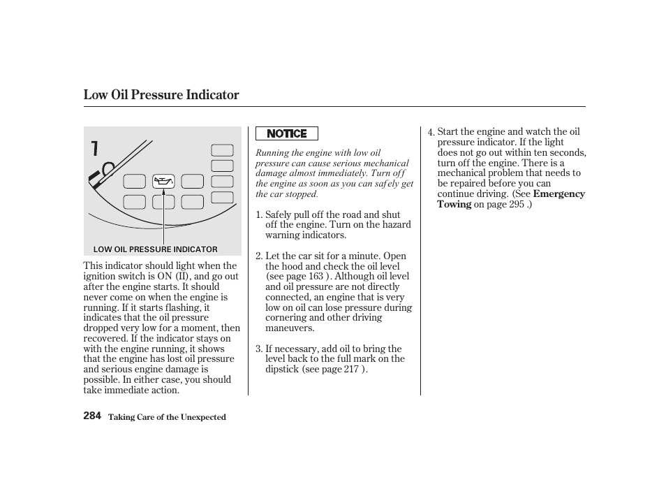 Low oil pressure indicator | Acura 2001 CL - Owner's Manual User Manual | Page 287 / 330