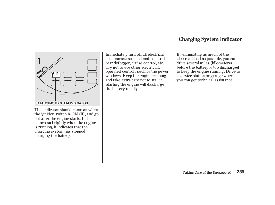 Charging system indicator | Acura 2001 CL - Owner's Manual User Manual | Page 288 / 330