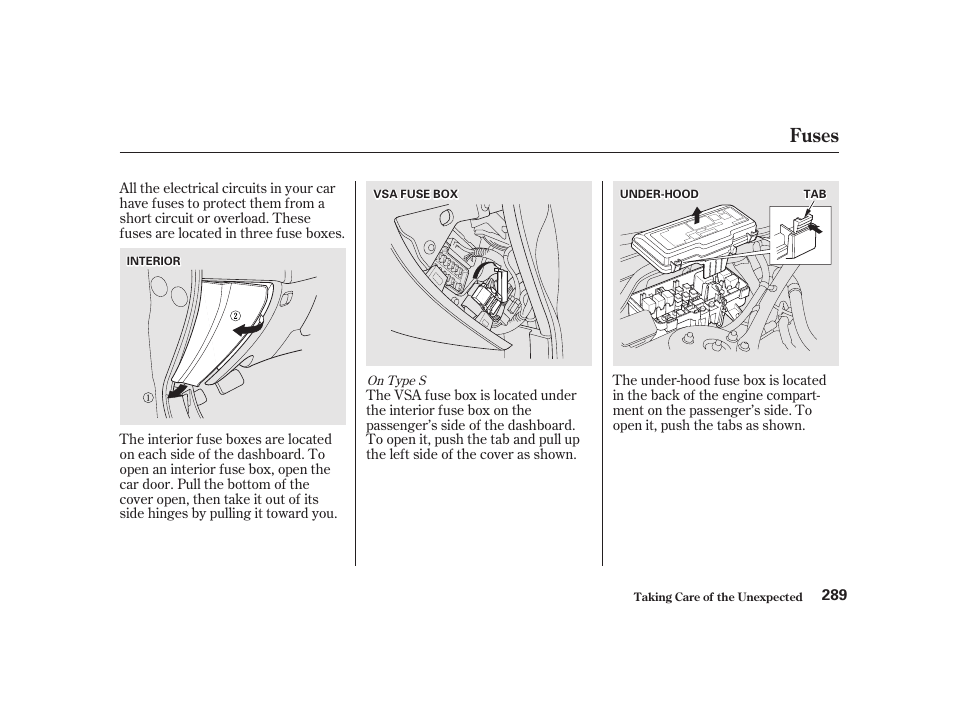 Fuses | Acura 2001 CL - Owner's Manual User Manual | Page 292 / 330