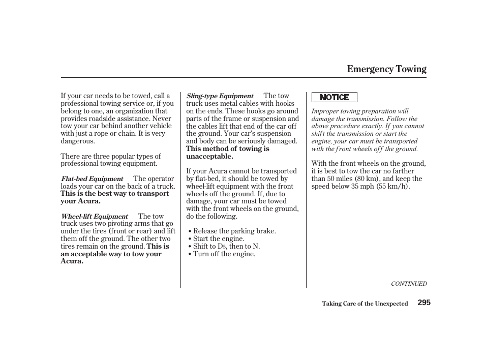 Emergency towing | Acura 2001 CL - Owner's Manual User Manual | Page 298 / 330